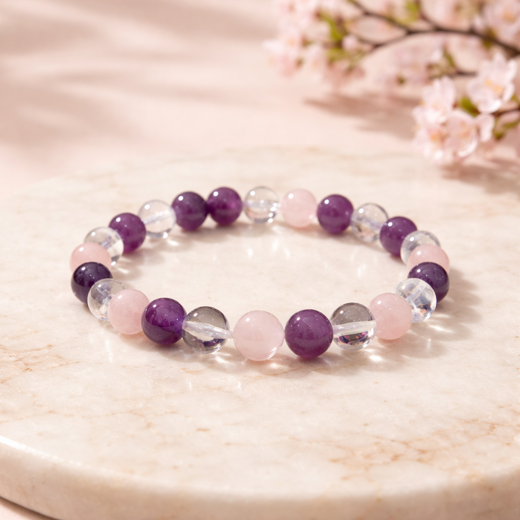 Armband Goldenes Dreieck - Amethyst, Bergkristall & Rosenquarz 10mm