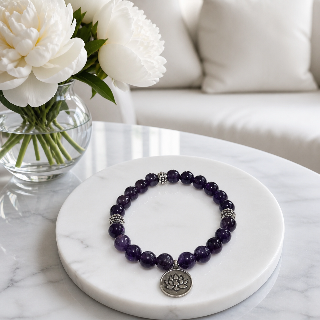 Amethyst Armband mit Ohm oder Lotus 8mm