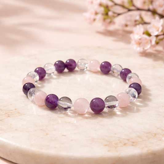 Armband Goldenes Dreieck - Amethyst, Bergkristall  & Rosenquarz 10mm