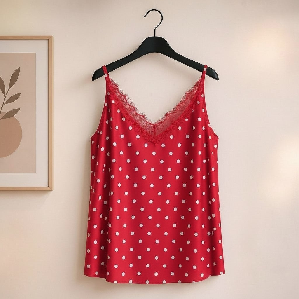 Spaghettitop mit Polkadots und Spitze