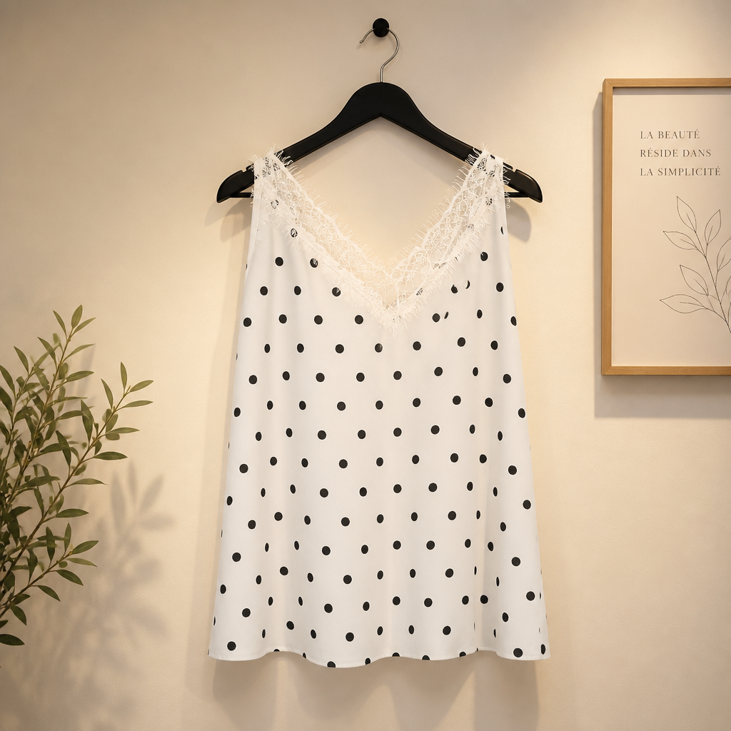 Spaghettitop mit Polkadots und Spitze