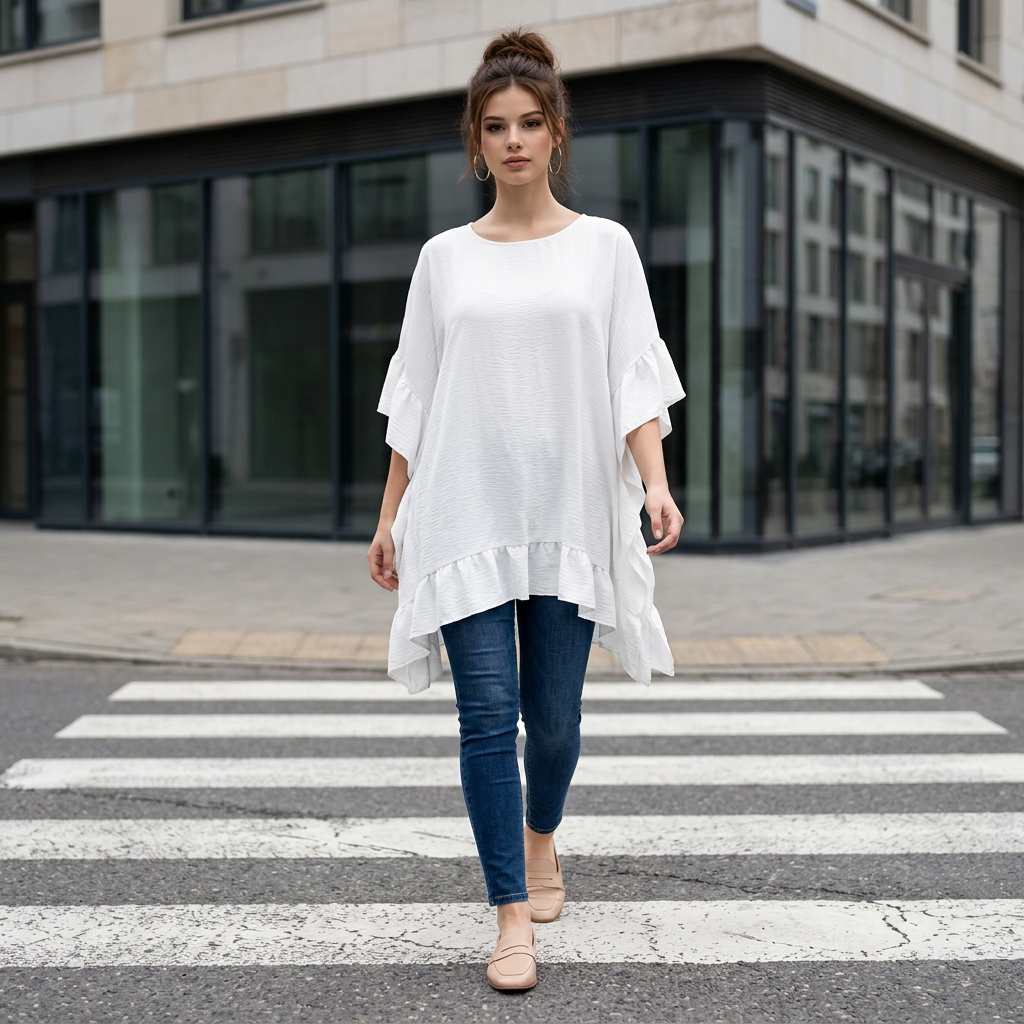Tunika Shirt mit Volant und Stickerei am Rücken