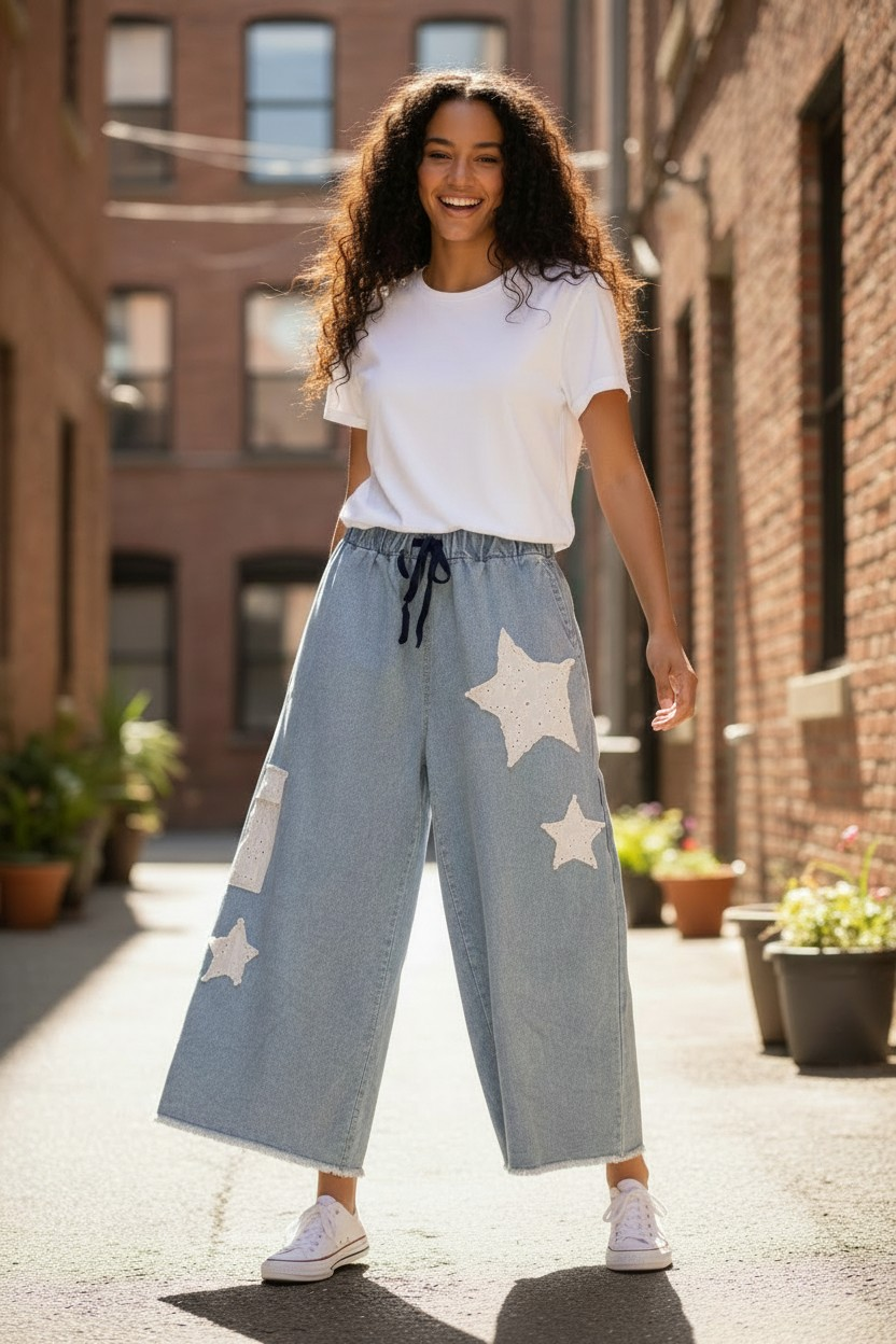 Leichte weite Jeans mit Spitzen Patch