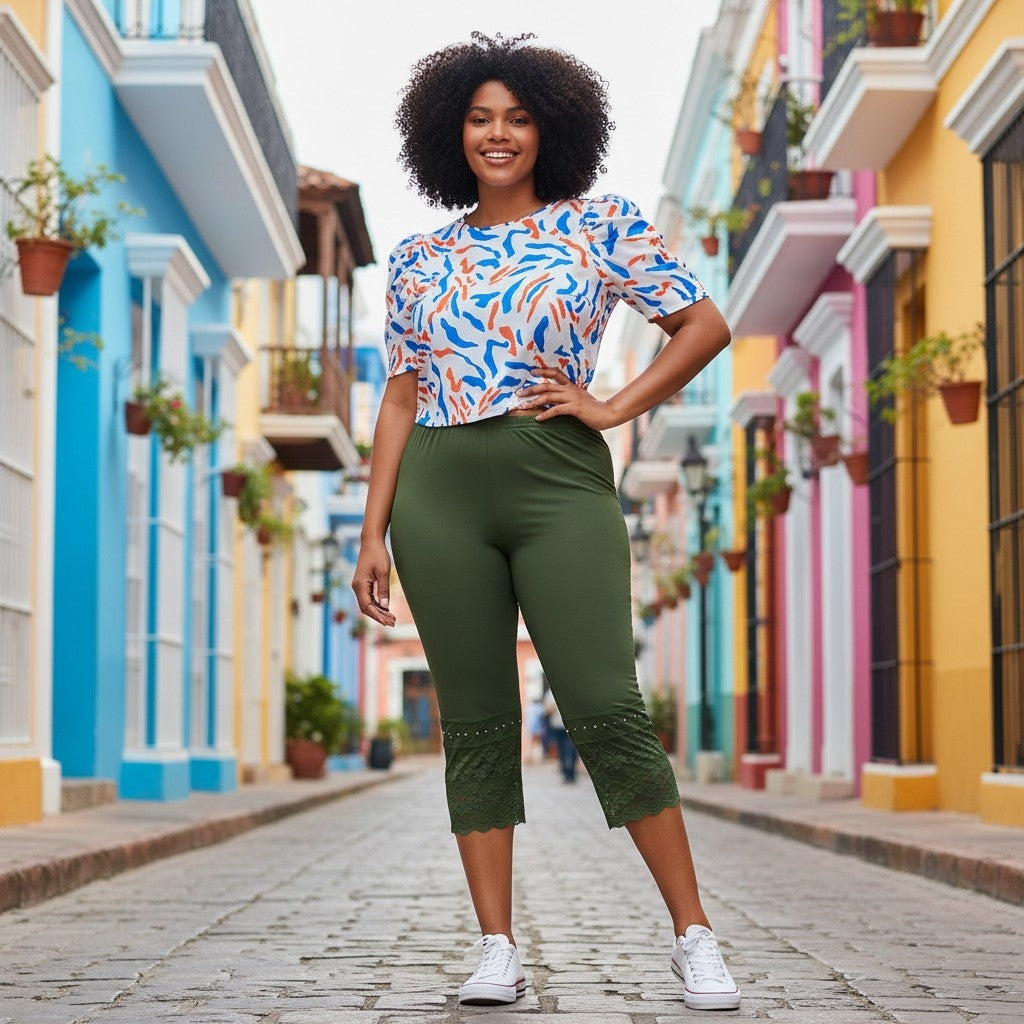Capri Leggings mit Spitzensaum