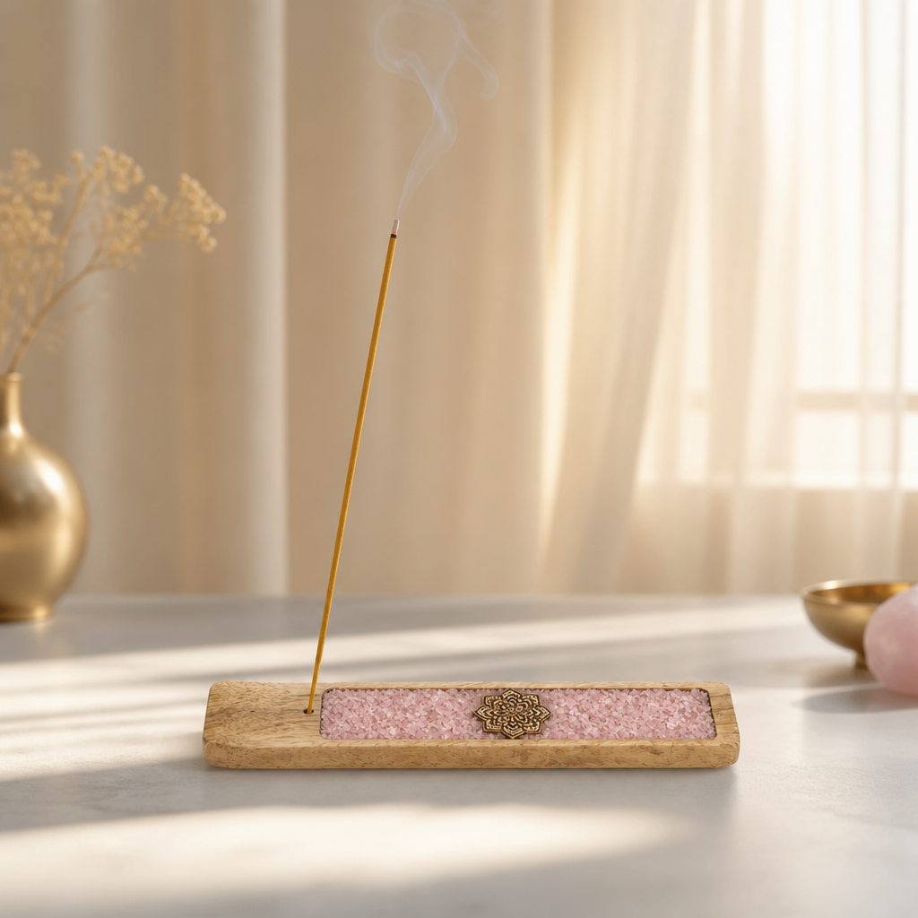 Stäbchenhalter aus Mangoholz mit Rosenquarz